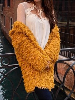 For Love & Lemons Joplin Shaggy Boho Cardigan Mustard Oversized Festival Large